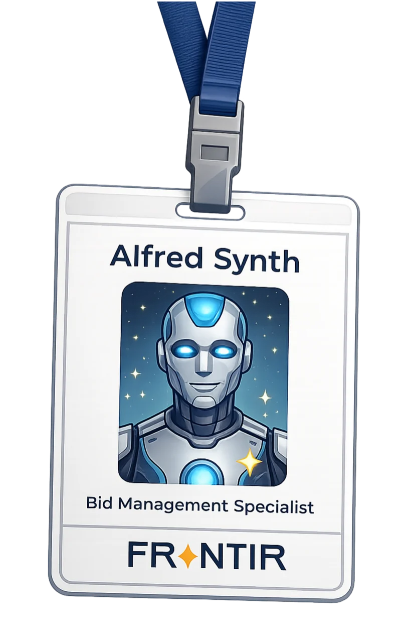 Alfred Synth, Bid Management Specialist, a Frntir AI Synth shown on a lanyard ID badge